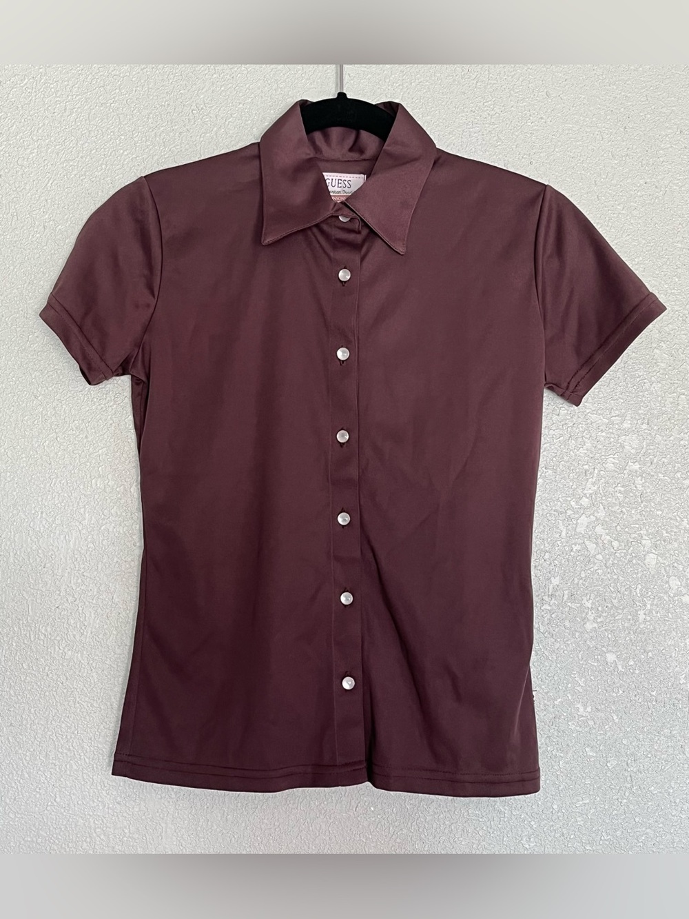 Vintage GUESS Womens Short Sleeve Button Up Brown Shirt Size S/M Made In USA